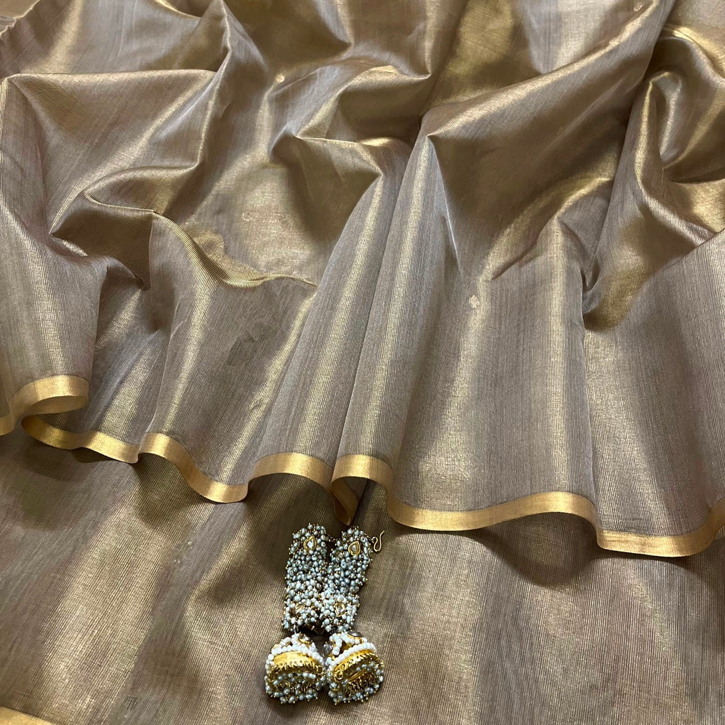 Antique gold maheshwari tissue silk saree with zari bootis all over