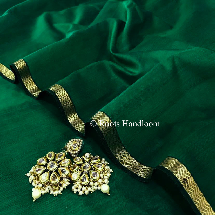 Bottle Green Maheshwari Saree with jute Pallu