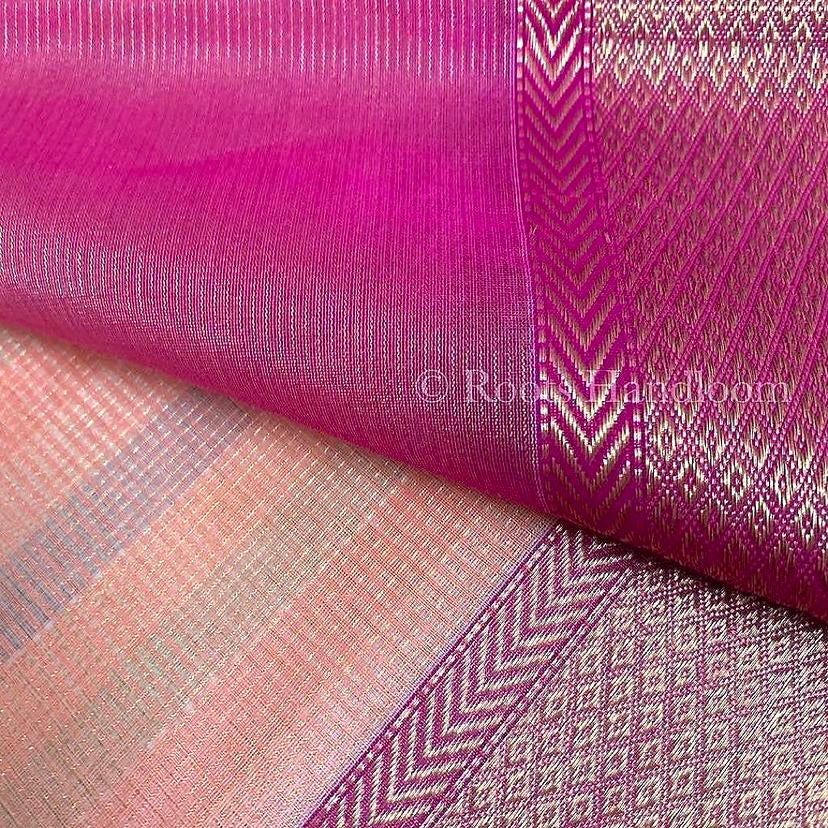 Peachish Pink Maheshwari saree with Zari lines all over